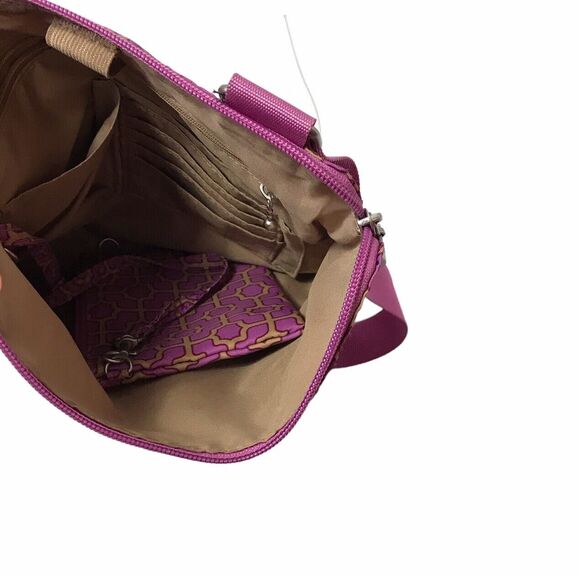 BAGGALLINI Horizion Crossbody pink purple gold Trellis Print 2 Front Zip Pockets - Picture 11 of 11